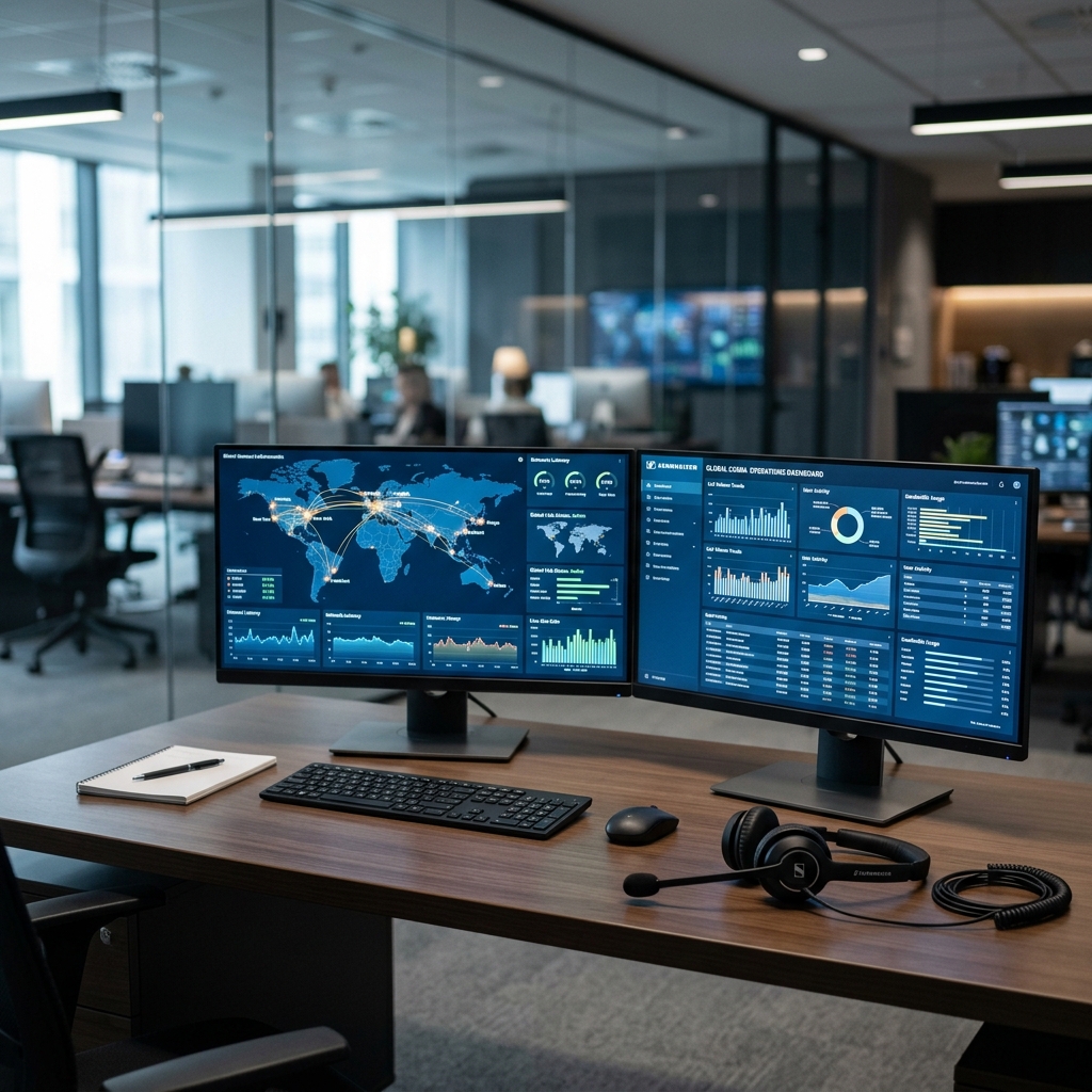 Modern call center dashboard and headset