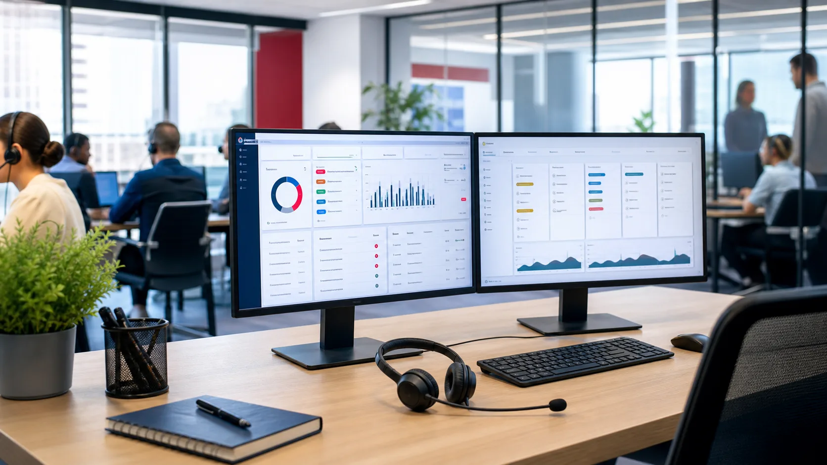 Modern call operations desk with CRM dashboards and headset